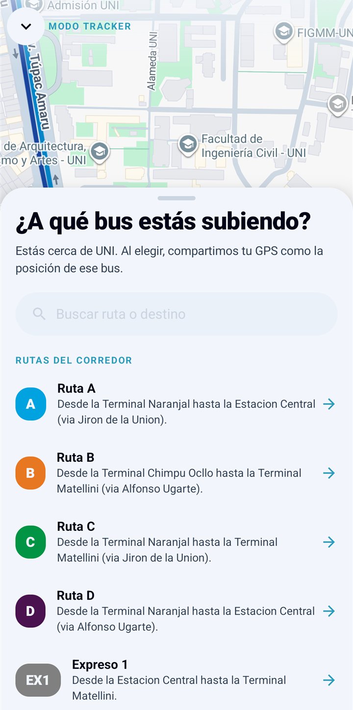 Modo Tracker: el app pregunta a qué bus estás subiendo y lista las rutas del corredor (A, B, C, D, Expreso 1)